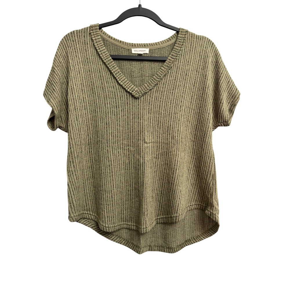 Blu Pepper Womens Olive Green Ribbed V-Neck High-Low Short Sleeve Sweater S‎